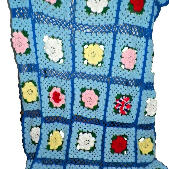 Vintage Wool Granny Square King Knit Blanket 90 x 152 Inches 3D Flower Blue - Picture 3 of 5